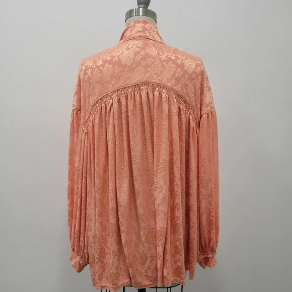 Free People Lucca Tie Neck Jacquard Coral Blouse Size S Nwot - Picture 5 of 11
